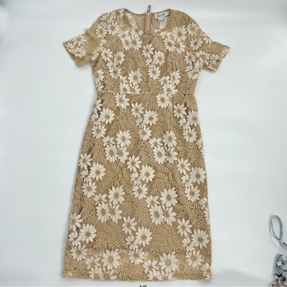 Molly Bracken Tan Cream Crochet Flower Modest Classic Preppy Sheath Dress Med - Picture 4 of 14